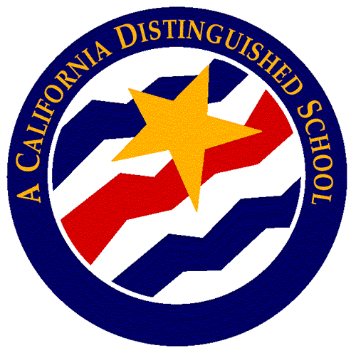A California Distinguished School logo with blue, red, and white squiggly stripes and a gold star